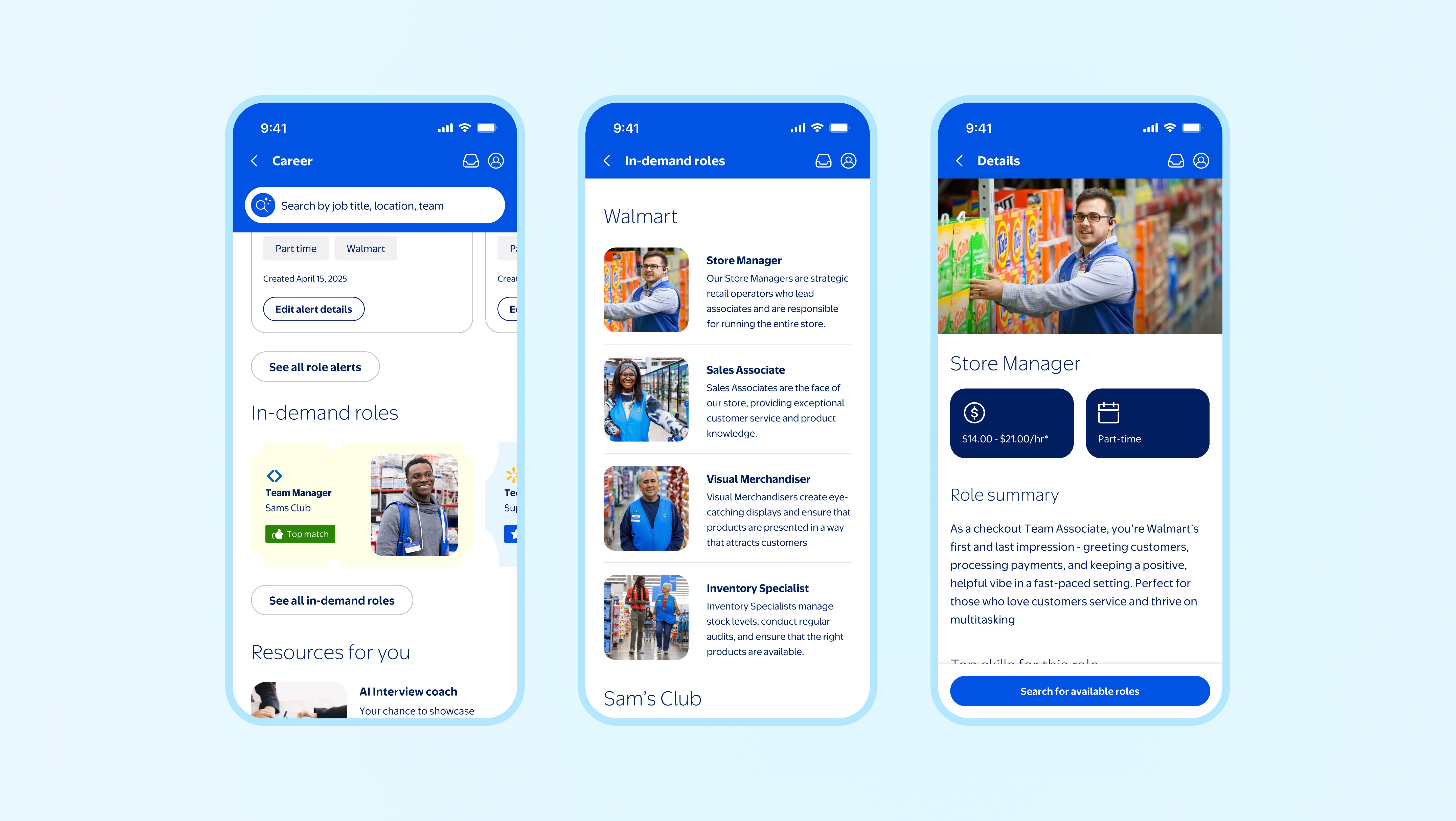 A sequence of internal job search mobile screens